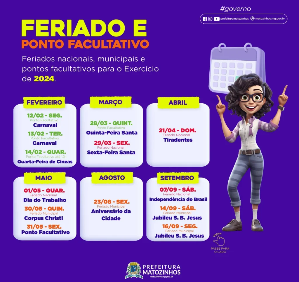 Prefeitura de Matozinhos estabelece Feriados e Pontos Facultativos para 2024