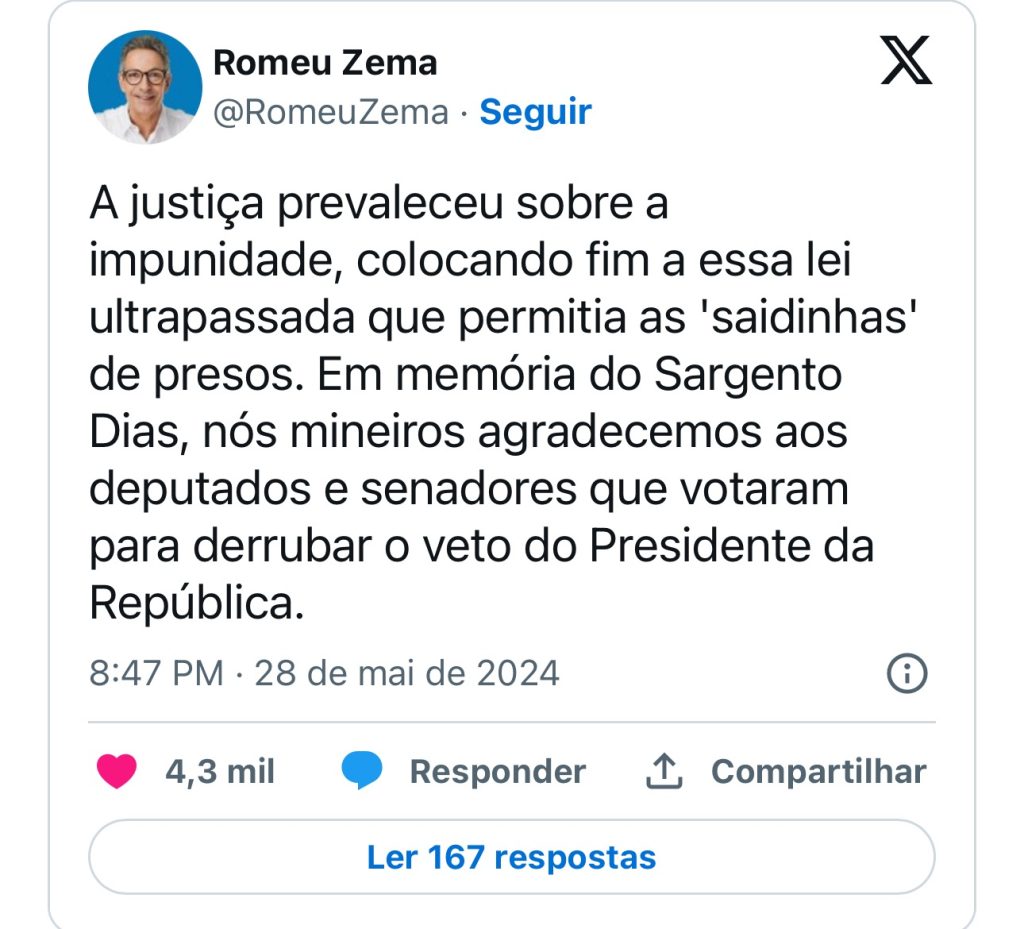 Governador Zema celebra decisão do congresso sobre “saidinha” e recorda policial morto em BH