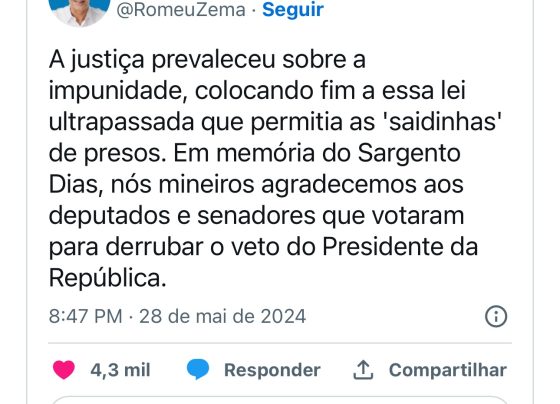 Governador Zema celebra decisão do congresso sobre “saidinha” e recorda policial morto em BH
