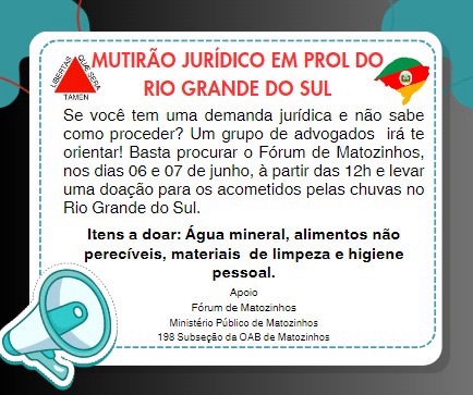 Mutirão Jurídico em prol do Rio Grande do Sul acontece em Matozinhos