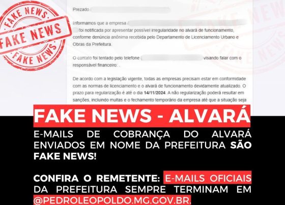 Golpe de e-mails falsos sobre alvarás circula em Pedro Leopoldo; Prefeitura alerta para fraudes