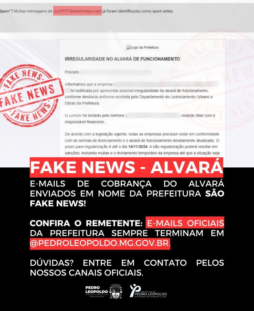 Golpe de e-mails falsos sobre alvarás circula em Pedro Leopoldo; Prefeitura alerta para fraudes