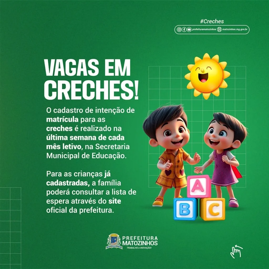 Prefeitura de Matozinhos abre Cadastro de Intenção de Matrícula para Creches Mensalmente