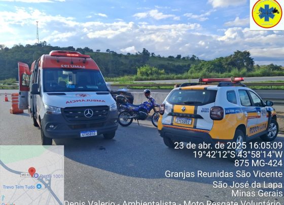 Acidente entre moto e carro na MG-424 deixa empresário de Pedro Leopoldo ferido; socorrista voluntário presta primeiros atendimentos