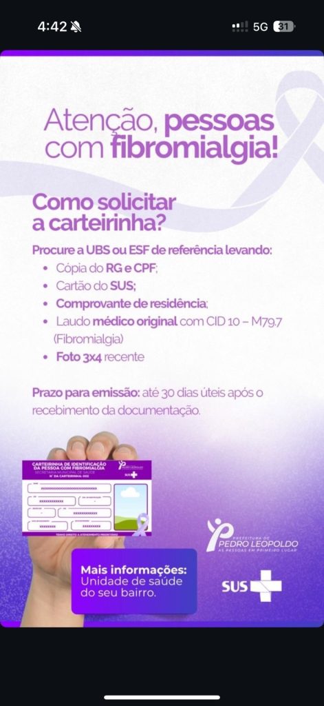 Carteirinha de Fibromialgia já pode ser solicitada em Pedro Leopoldo; veja como fazer