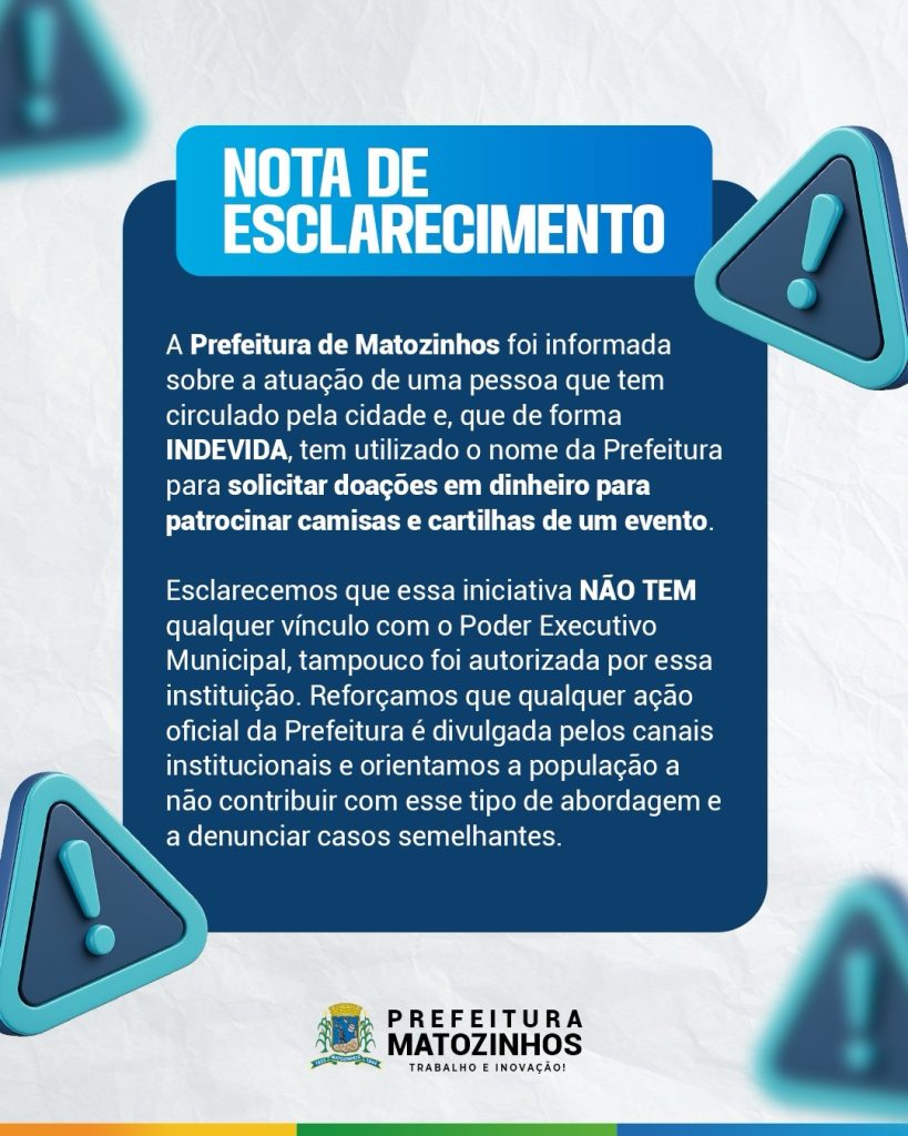 Prefeitura de Matozinhos alerta sobre golpe envolvendo falsas doações em nome do município