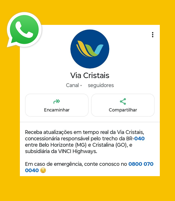 Via Cristais lança canal de comunicação no WhatsApp para facilitar acesso a informações sobre a BR-040