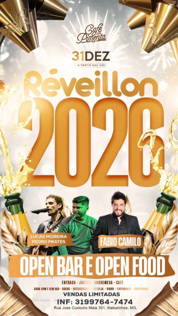 Réveillon 2026 em Matozinhos terá open bar, open food e shows ao vivo no Café com Pimenta