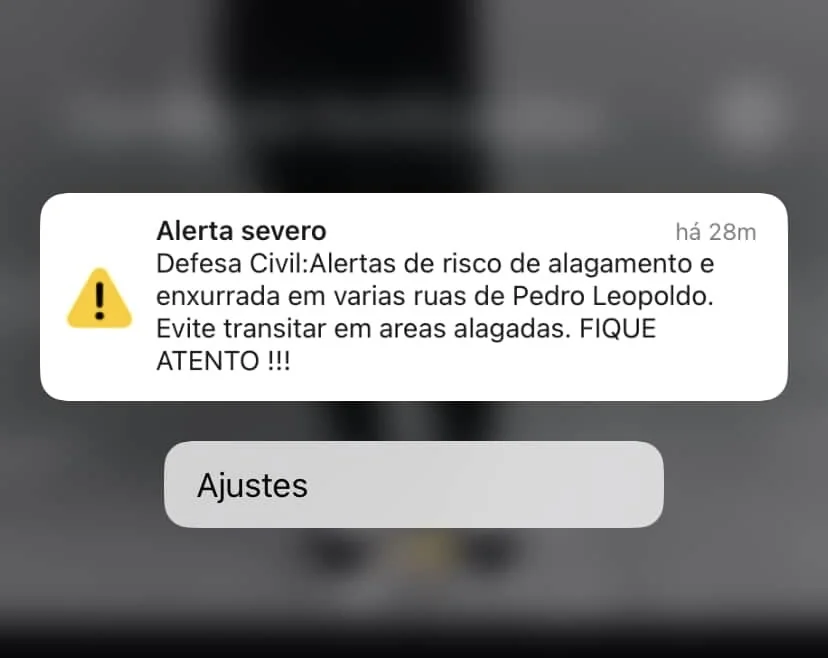 Alerta de alagamentos e enxurradas chega a celulares e assusta moradores em Pedro Leopoldo; Defesa Civil explica situação
