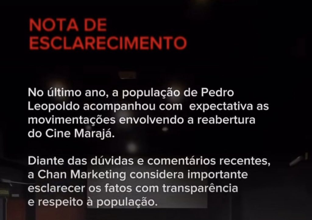 Empresa esclarece motivos para não retomada do Cine Marajá em Pedro Leopoldo