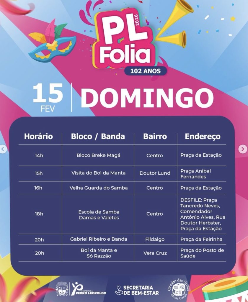 Hoje tem Breke Magá, Escola de Samba Damas e Valetes e muito mais no Carnaval de Pedro Leopoldo