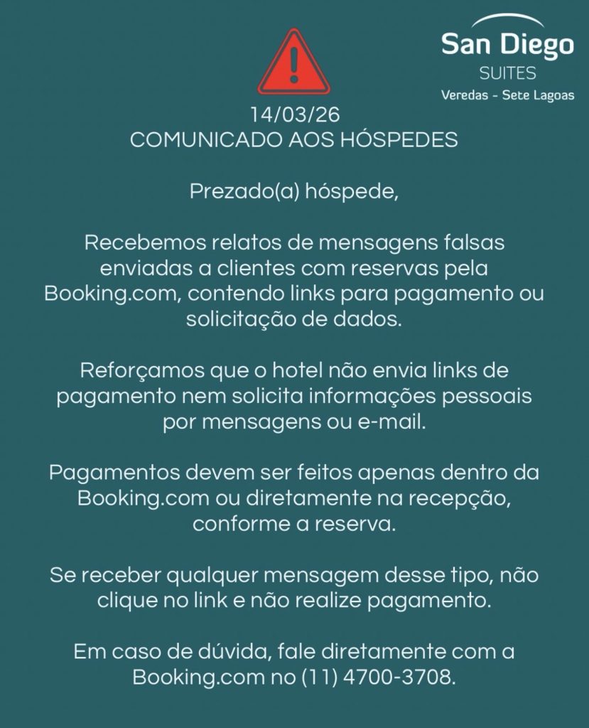 Hotel alerta hóspedes sobre mensagens falsas com pedidos de pagamento em Sete Lagoas