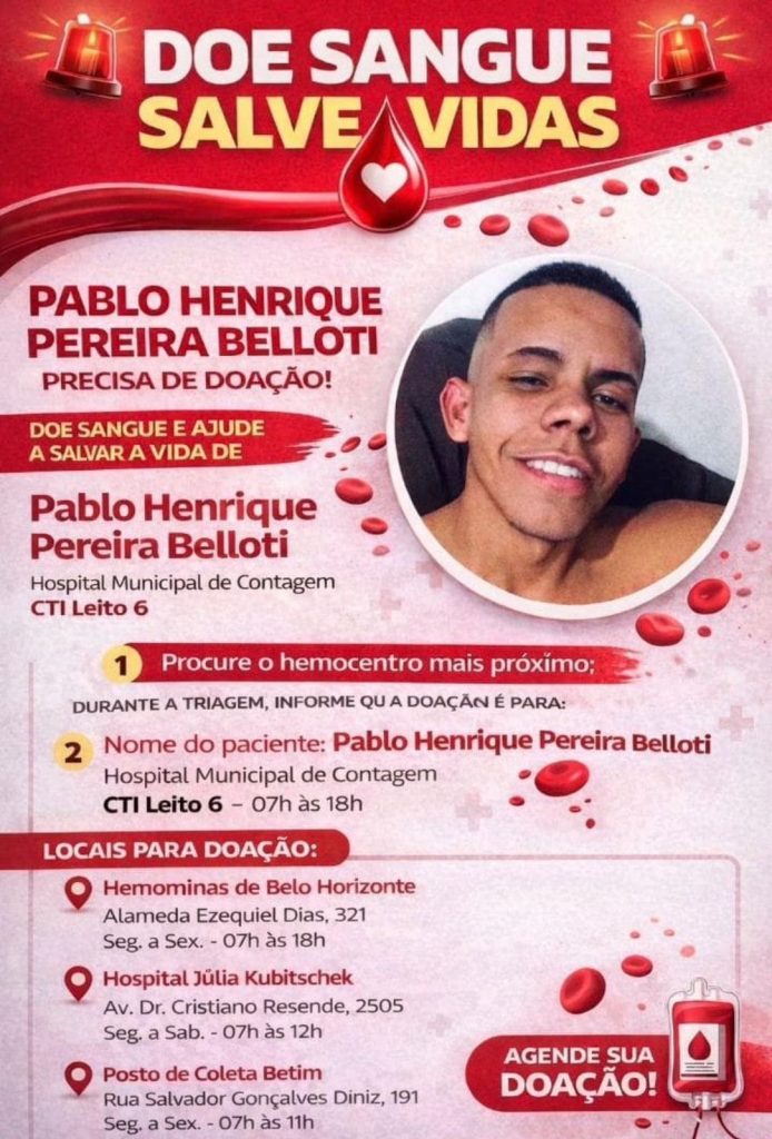 Pedro Leopoldo: jovem vítima de acidente precisa de doação de sangue