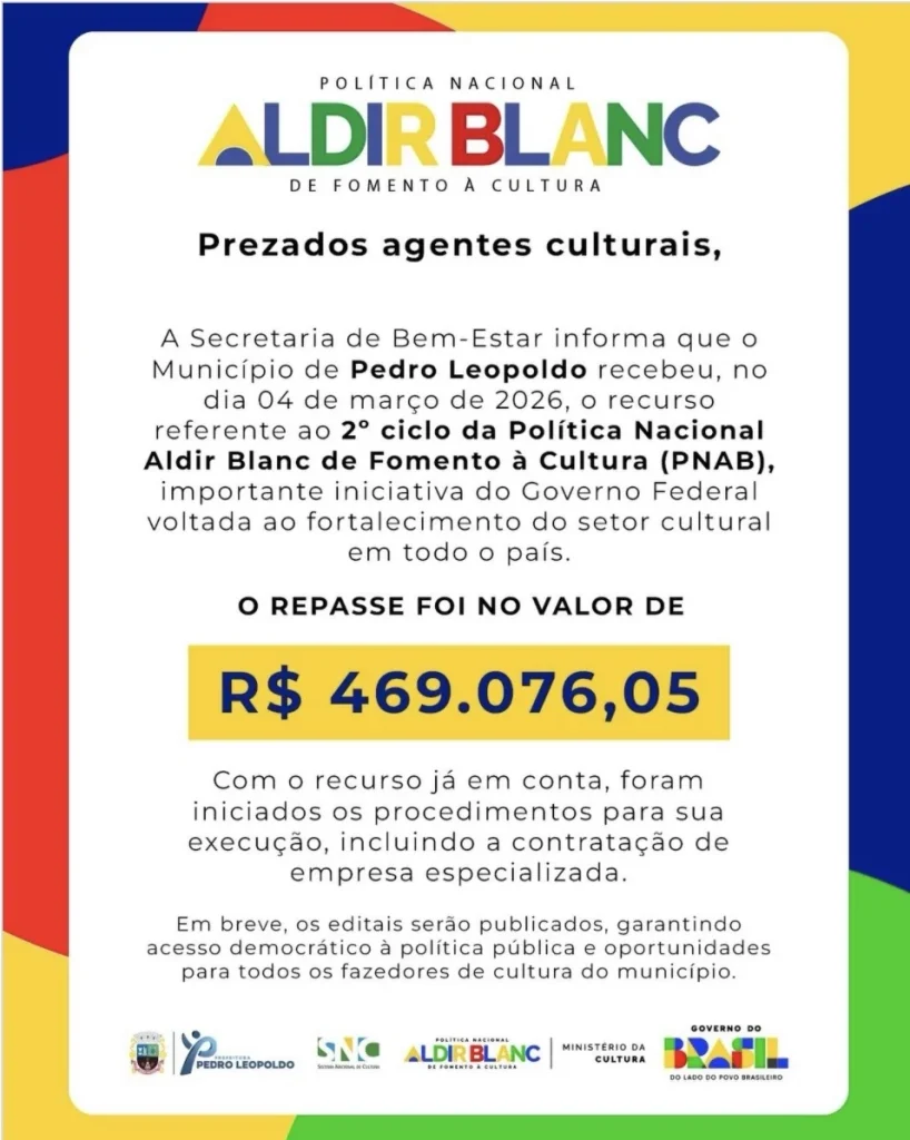 Pedro Leopoldo recebe R$ 469 mil para fortalecer cultura local