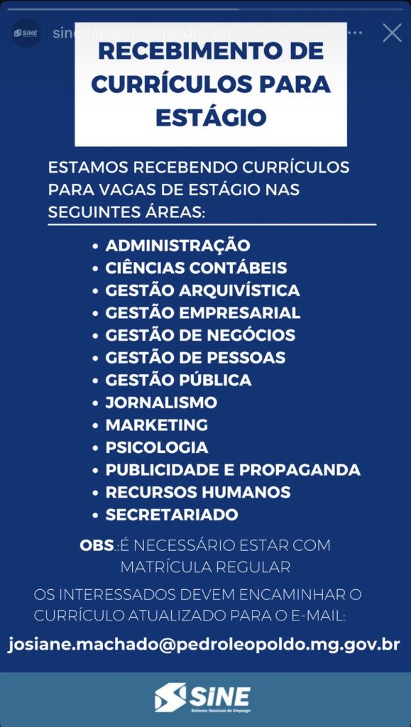 SINE abre recebimento de currículos para vagas de estágio em Pedro Leopoldo