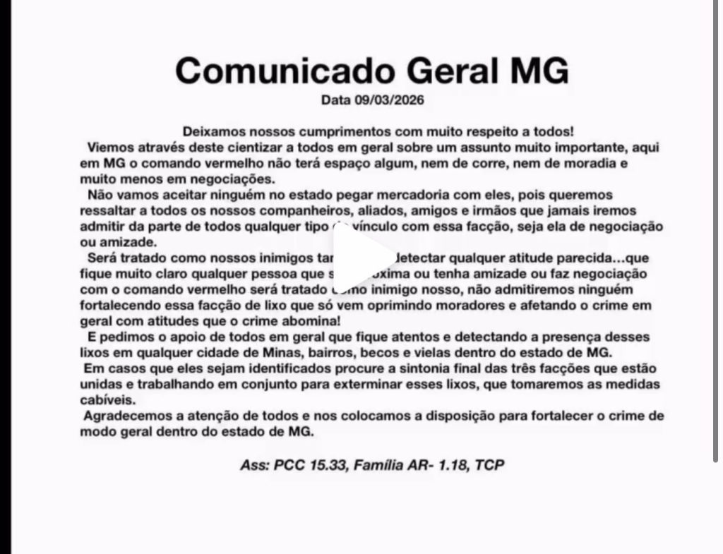 Suposto comunicado de facções criminosas circula nas redes e acende alerta em Minas Gerais