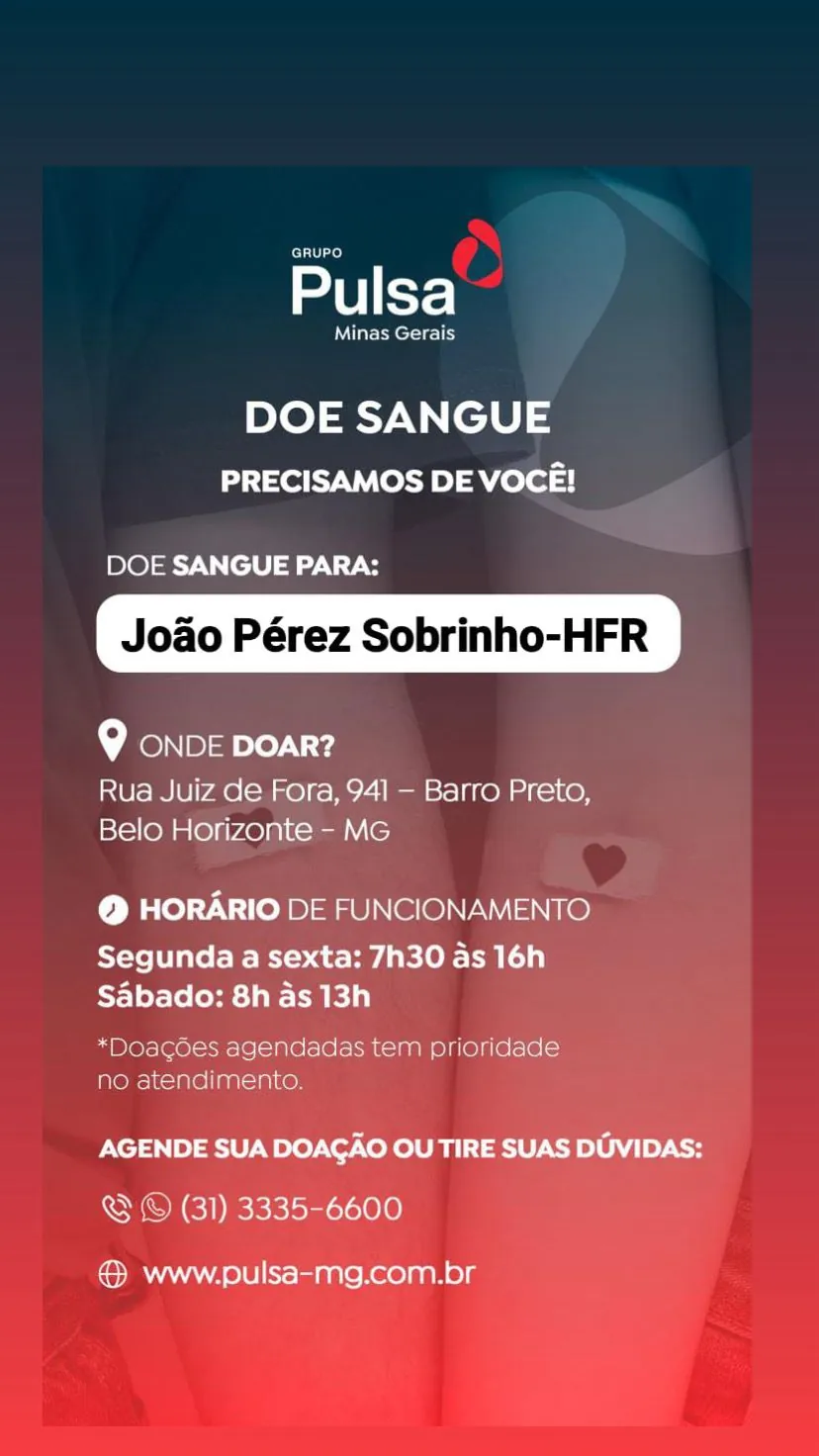 Van sairá de Matozinhos para doação de sangue para João Perez nesta terça-feira