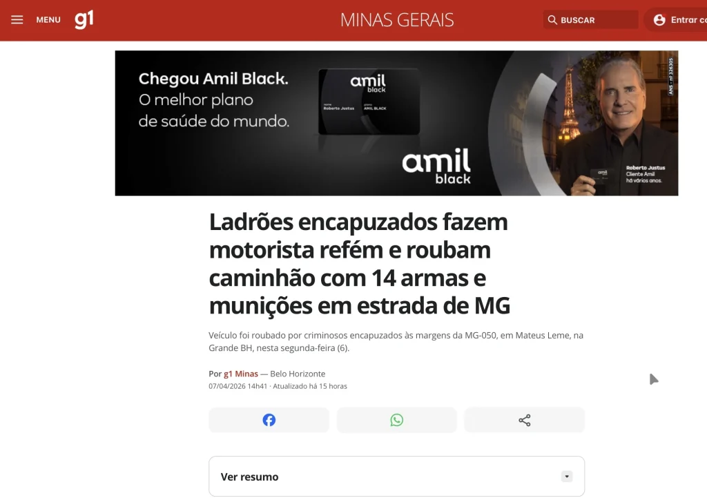 Caminhão com 14 armas roubado e vítimas abandonadas em Pedro Leopoldo ganha destaque na mídia estadual