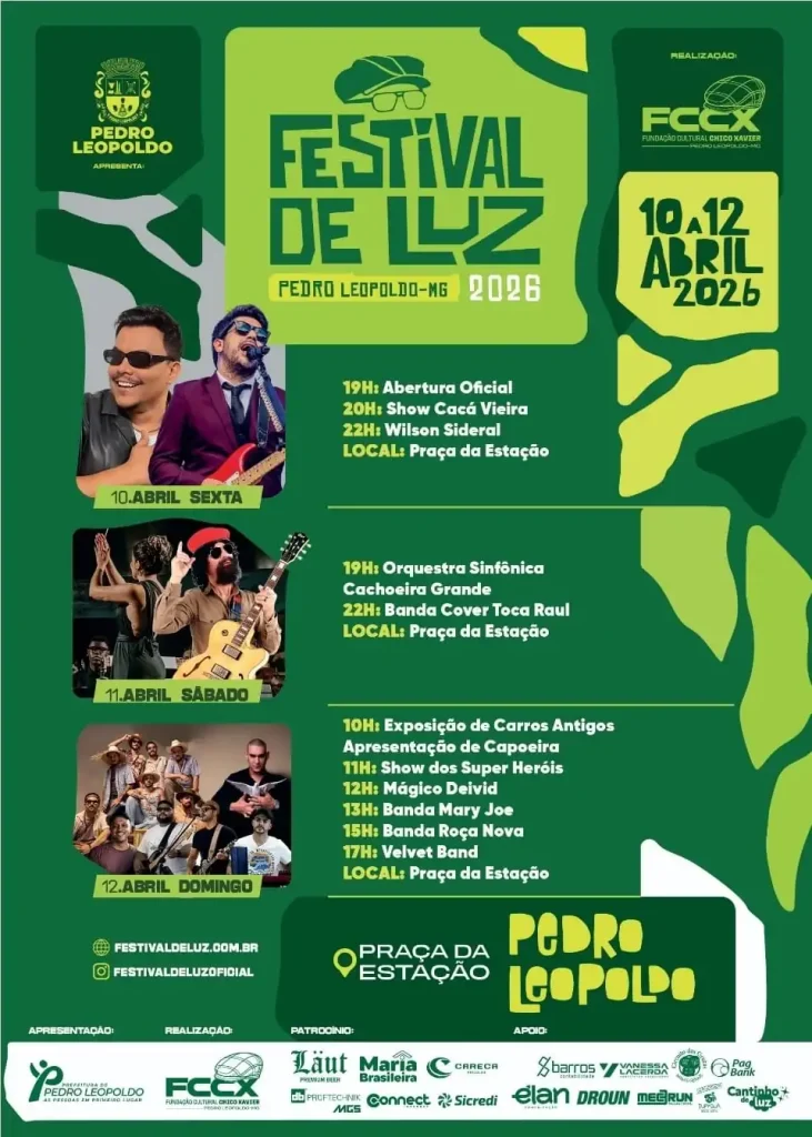 É NESTA SEMANA! Festival de Luz terá shows de Cacá Vieira, Wilson Sideral, Orquestra Cachoeira Grande e muito mais em Pedro Leopoldo