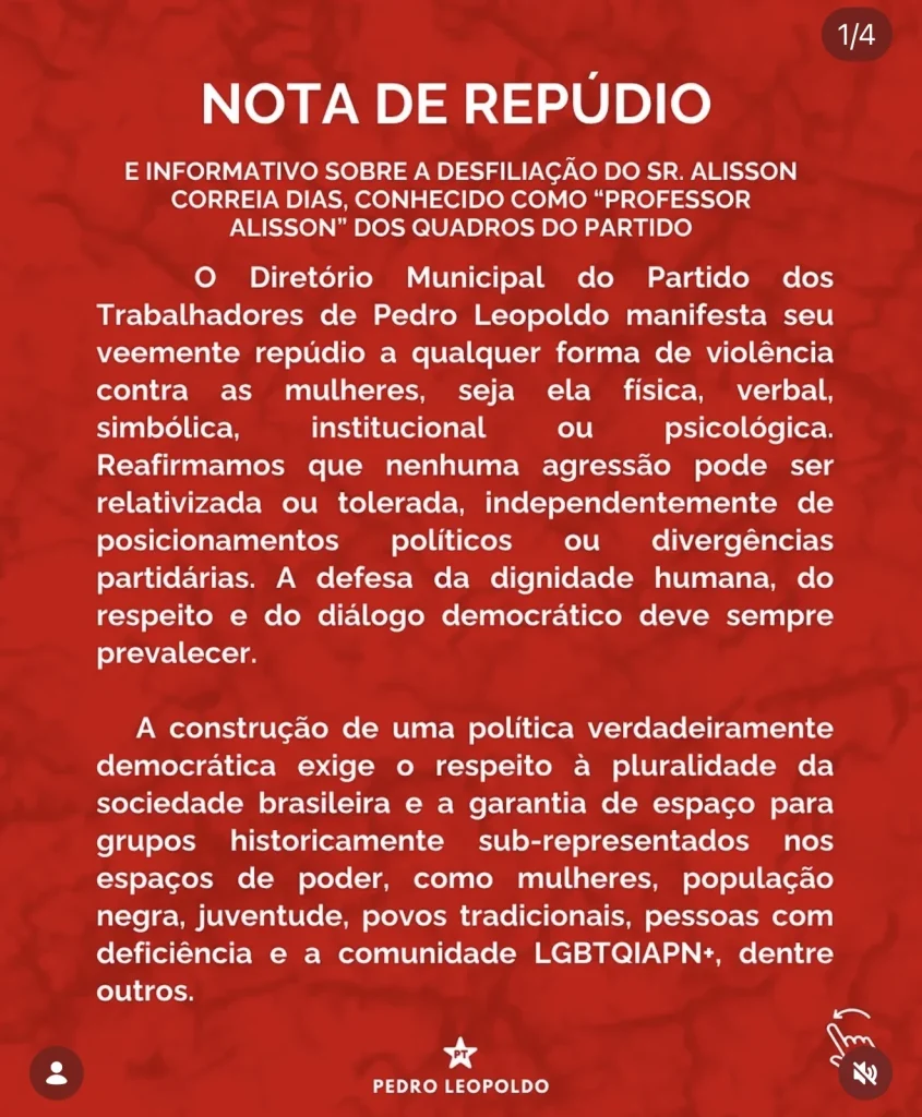 PT de Pedro Leopoldo emite nota repudiando violência política