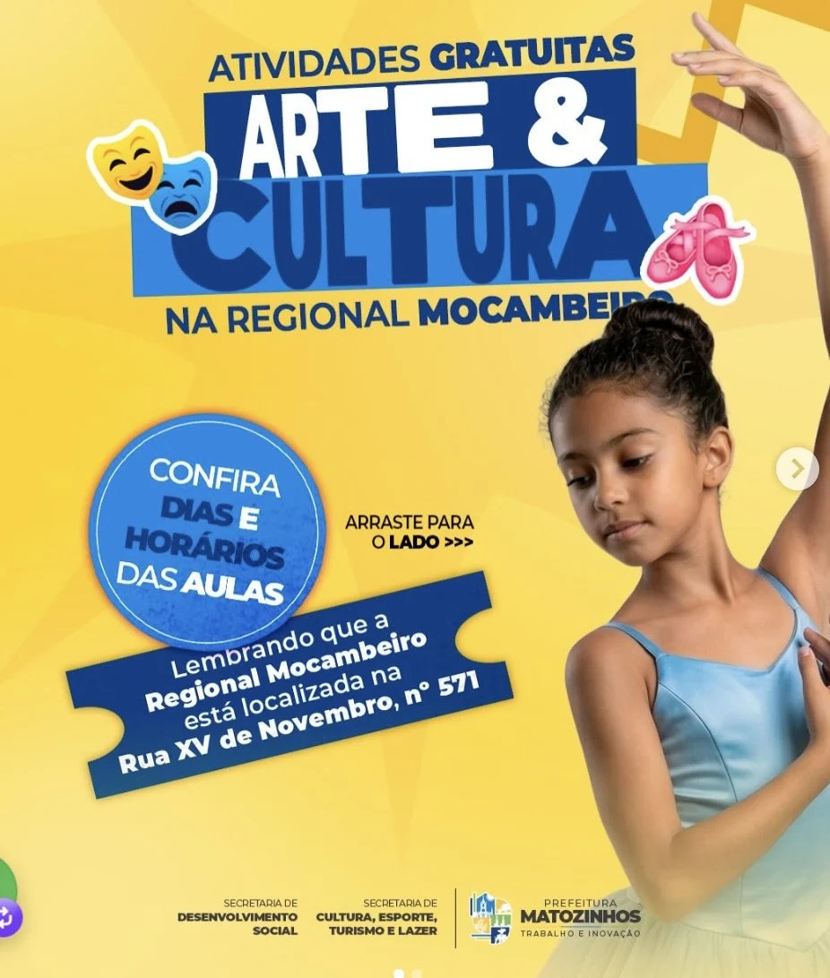 Prefeitura de Matozinhos oferece atividades gratuitas de arte e cultura na Regional Mocambeiro
