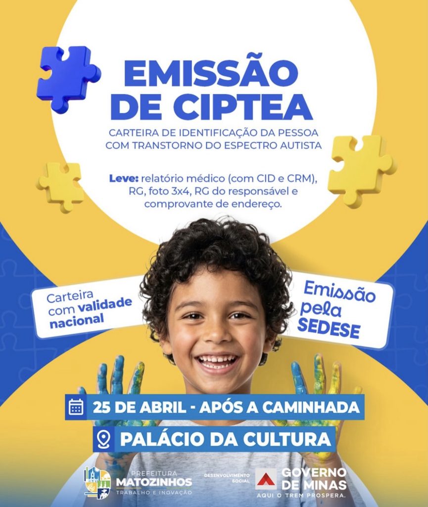 Prefeitura de Matozinhos promove emissão de carteira para pessoas com autismo neste sábado