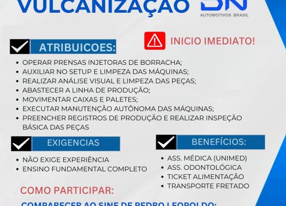 SINE de Pedro Leopoldo realiza processo seletivo com contratação imediata para auxiliar de vulcanização