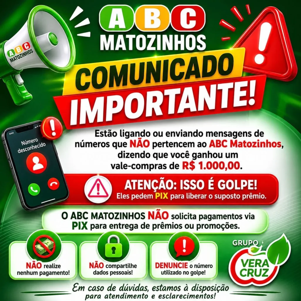 ABC Matozinhos alerta sobre golpe envolvendo falso prêmio de R$ 1 mil
