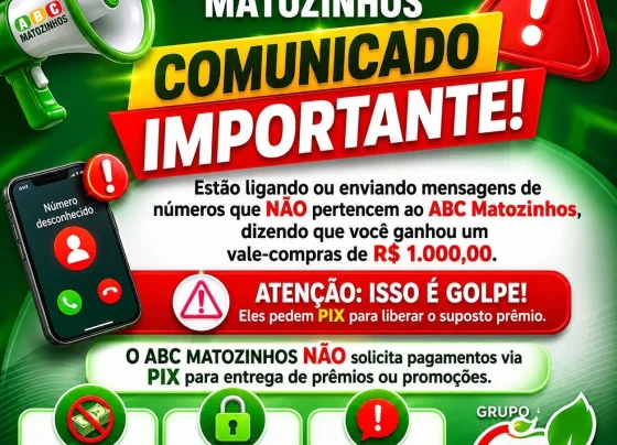 ABC Matozinhos alerta sobre golpe envolvendo falso prêmio de R$ 1 mil
