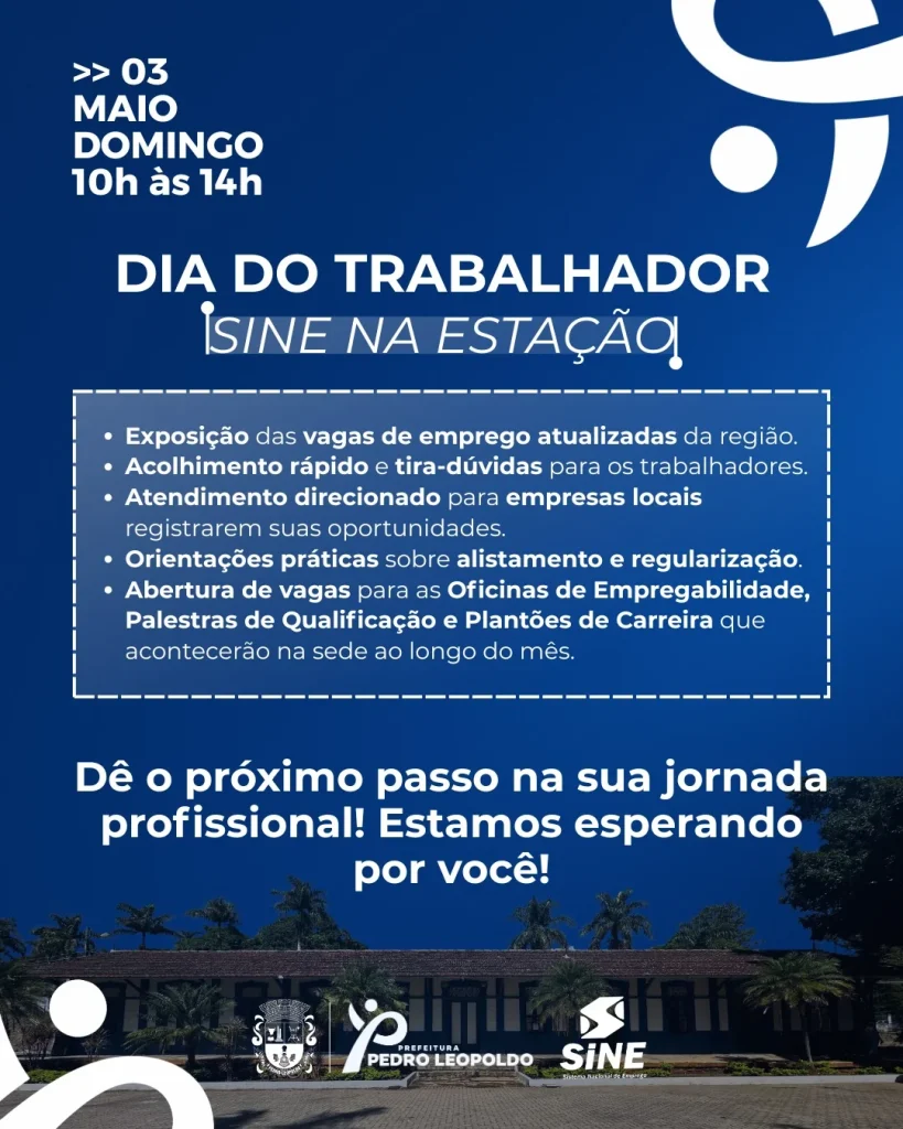 Festa do Trabalhador terá serviços de emprego na Praça da Estação de Pedro Leopoldo neste domingo