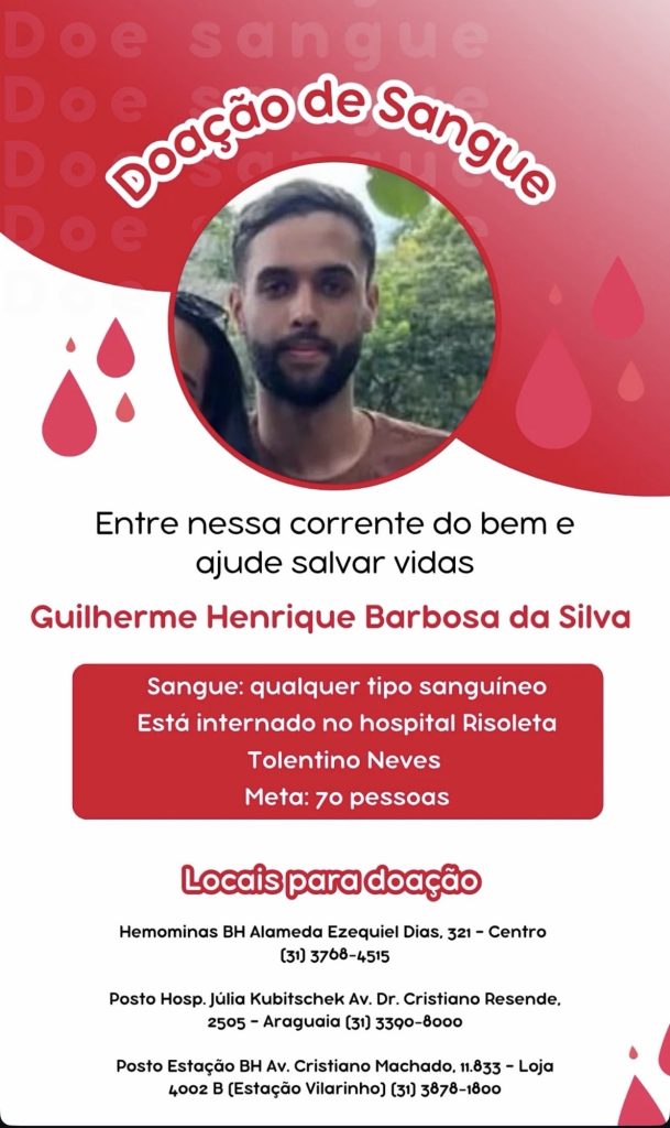 Jovem baleado precisa de doação de sangue e mobiliza campanha solidária Pedro Leopoldo