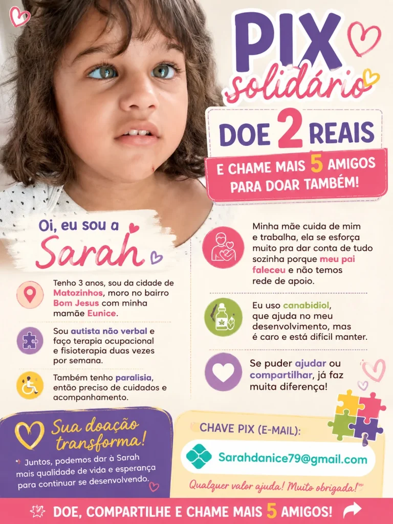 PIX solidário busca ajudar menina autista de Matozinhos