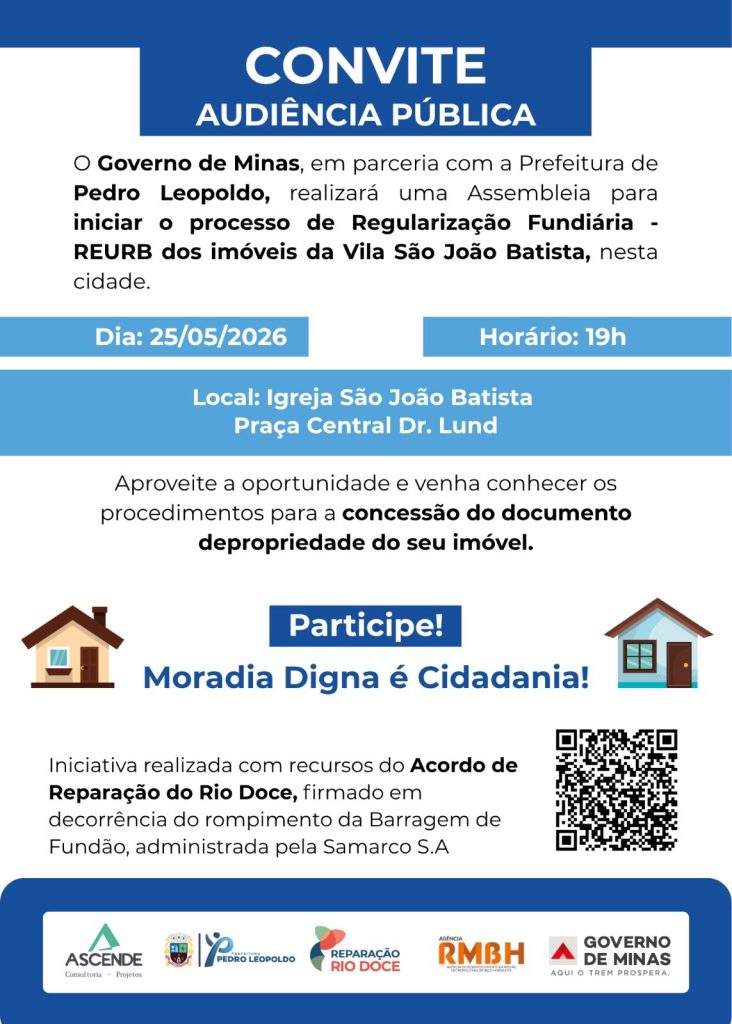 Pedro Leopoldo terá audiências públicas para início do processo de Regularização Fundiária (REURB) em diferentes bairros da cidade