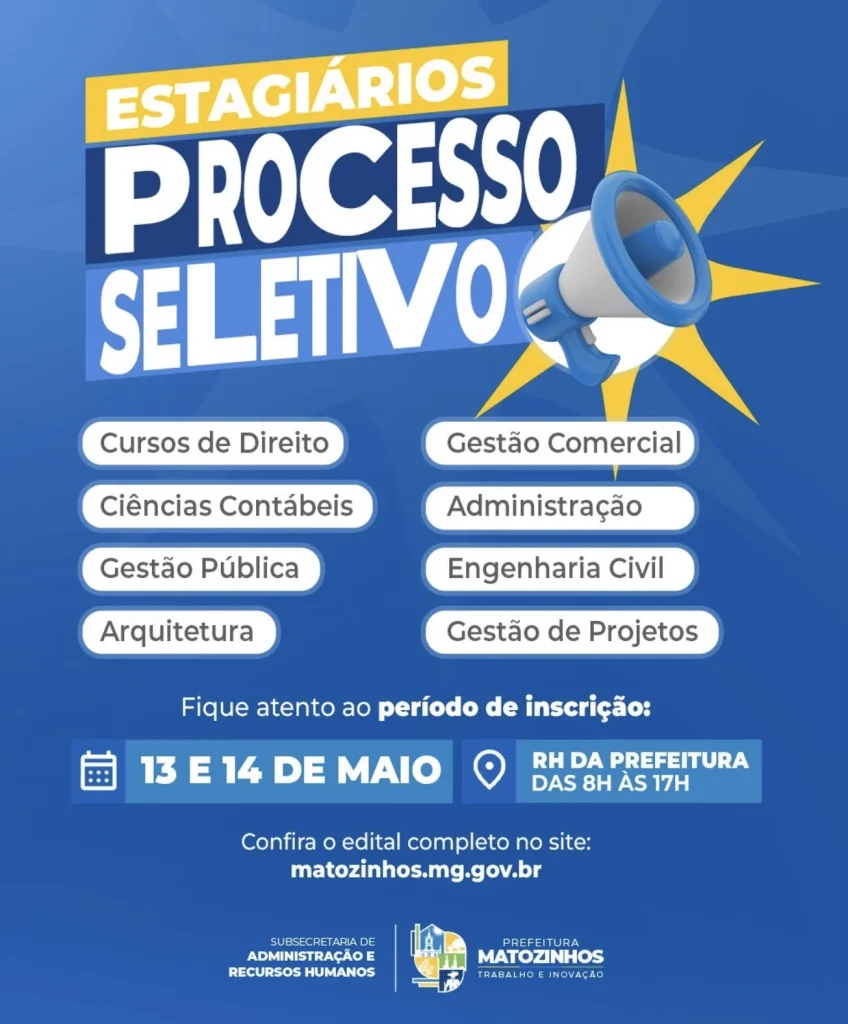 Prefeitura de Matozinhos abre processo seletivo de estágio com bolsa de R$ 920