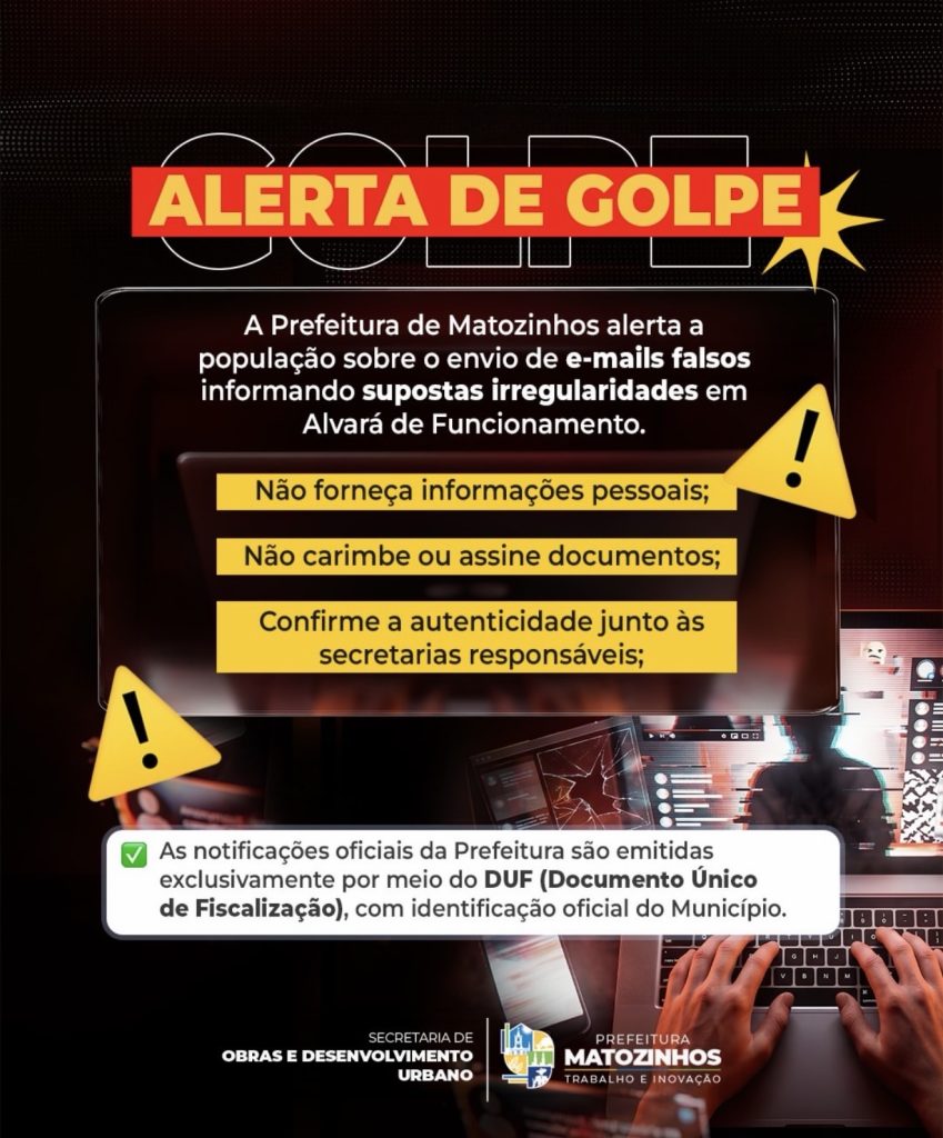 Prefeitura de Matozinhos alerta população sobre tentativa de golpe com falso e-mail
