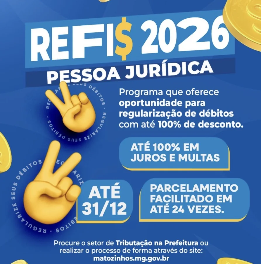 Prefeitura de Matozinhos oferece até 100% de desconto em juros e multas no REFIS 2026 Matozinhos