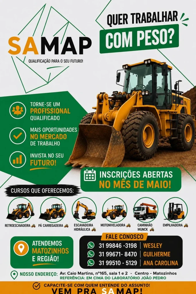 SAMAP abre inscrições para cursos de máquinas pesadas e 27 cursos técnicos EAD em Matozinhos