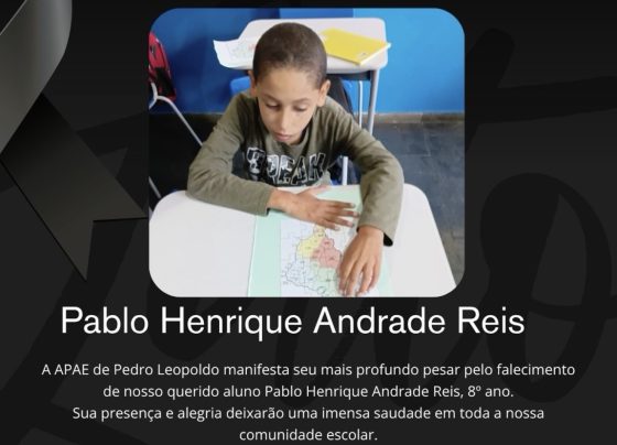 APAE de Pedro Leopoldo lamenta morte de aluno de 13 anos e presta homenagem à família