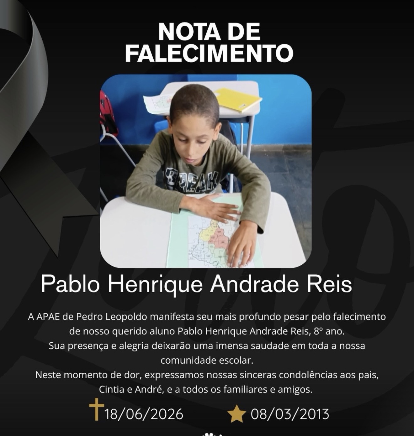 APAE de Pedro Leopoldo lamenta morte de aluno de 13 anos e presta homenagem à família