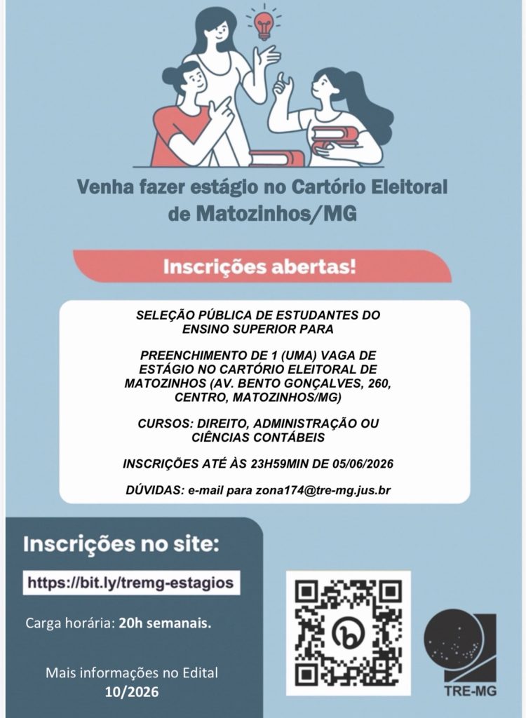 Cartório Eleitoral de Matozinhos abre vaga de estágio para universitários