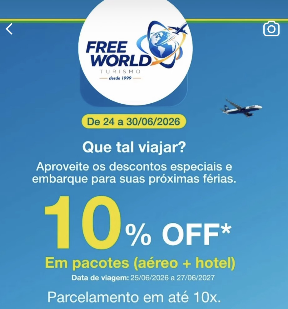 Free World Turismo lança promoção com 10% de desconto em pacotes de viagem