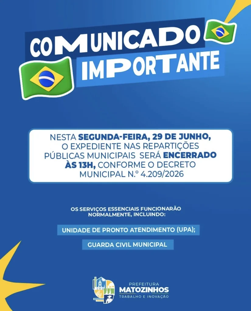 Prefeitura de Matozinhos altera expediente na segunda-feira por causa do jogo do Brasil