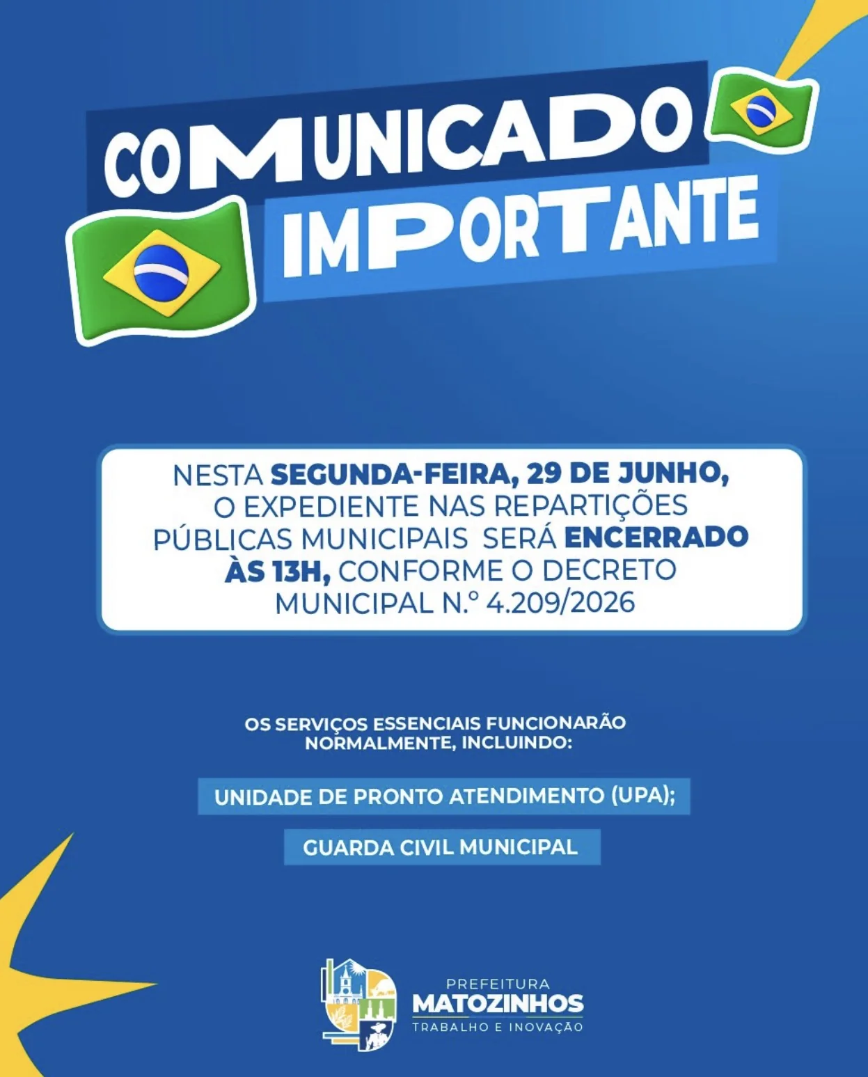 Prefeitura de Matozinhos altera expediente na segunda-feira por causa do jogo do Brasil