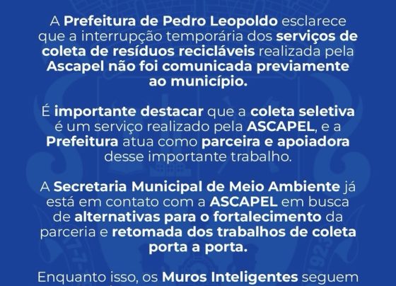 Prefeitura de Pedro Leopoldo esclarece suspensão da coleta seletiva realizada pela Ascapel