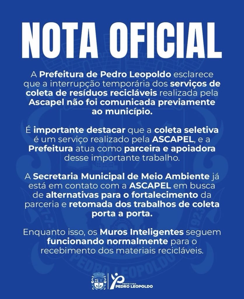 Prefeitura de Pedro Leopoldo esclarece suspensão da coleta seletiva realizada pela Ascapel