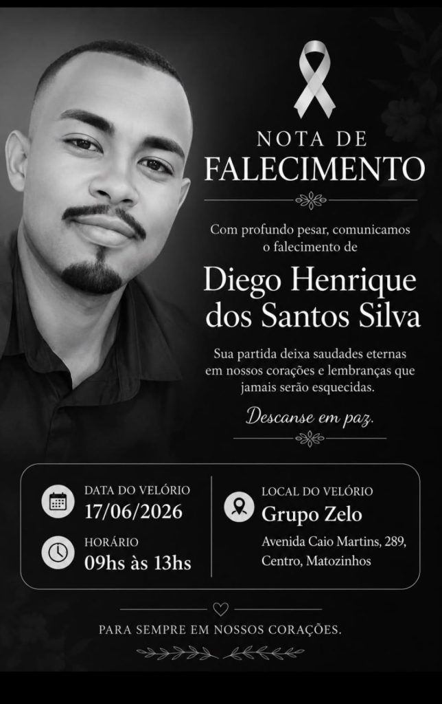 Velório e sepultamento de Diego Henrique acontecem nesta quarta-feira em Matozinhos