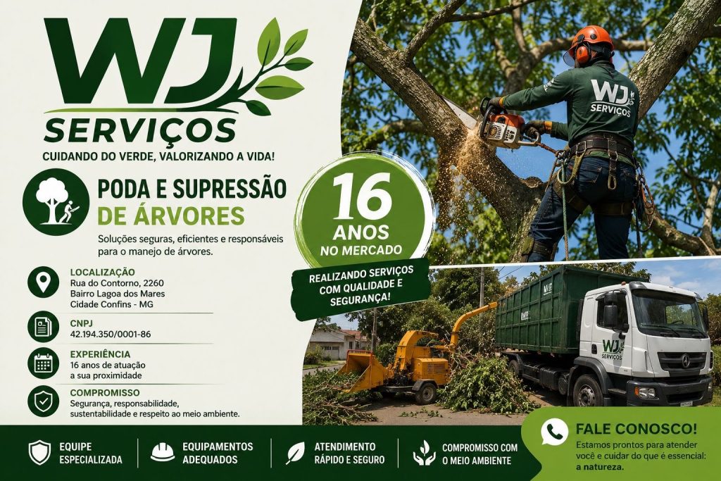 WJ Serviços: 16 anos de experiência em poda e supressão de árvores com segurança e responsabilidade