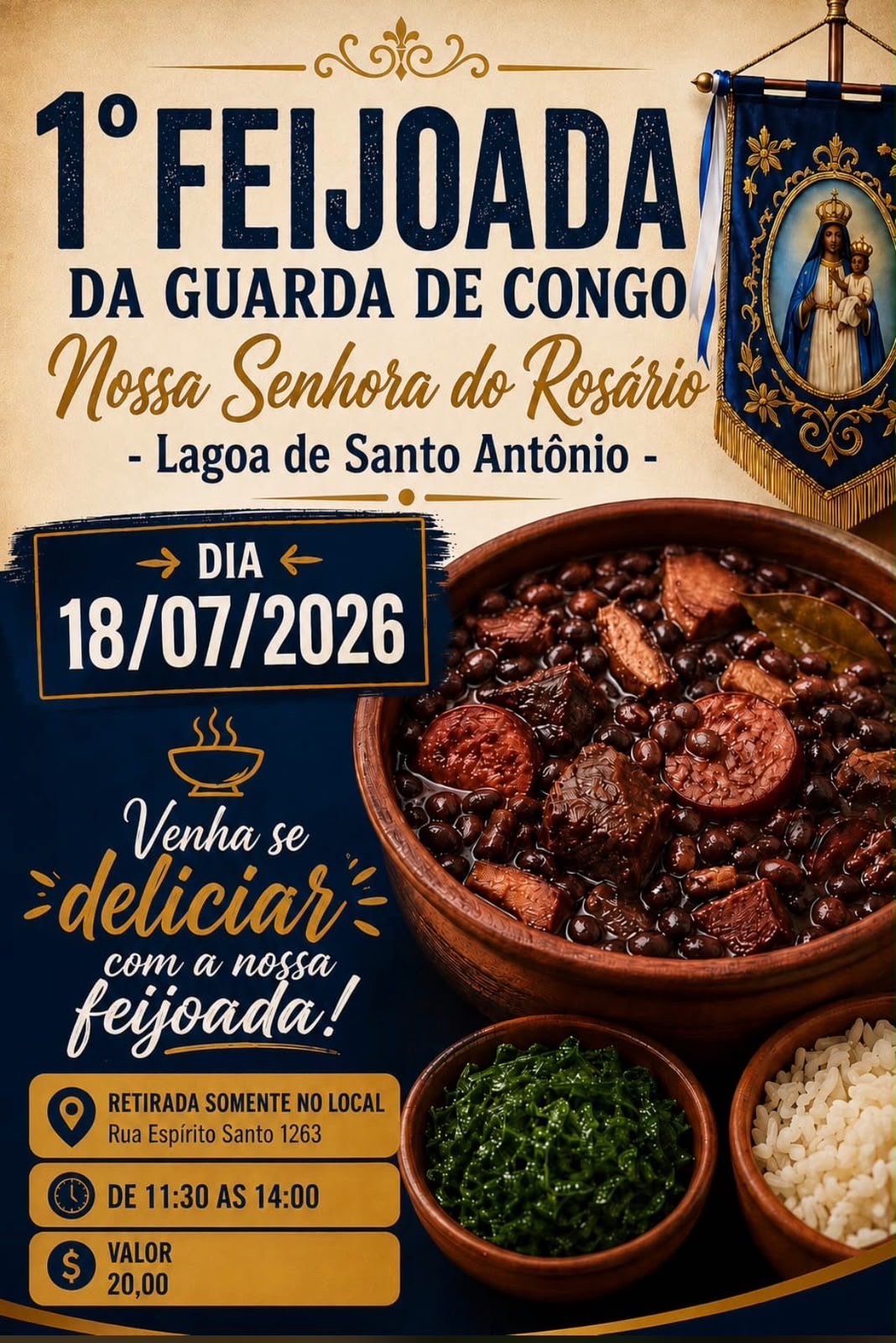 1ª Feijoada da Guarda de Congo de Nossa Senhora do Rosário acontece neste sábado em Lagoa de Santo Antônio