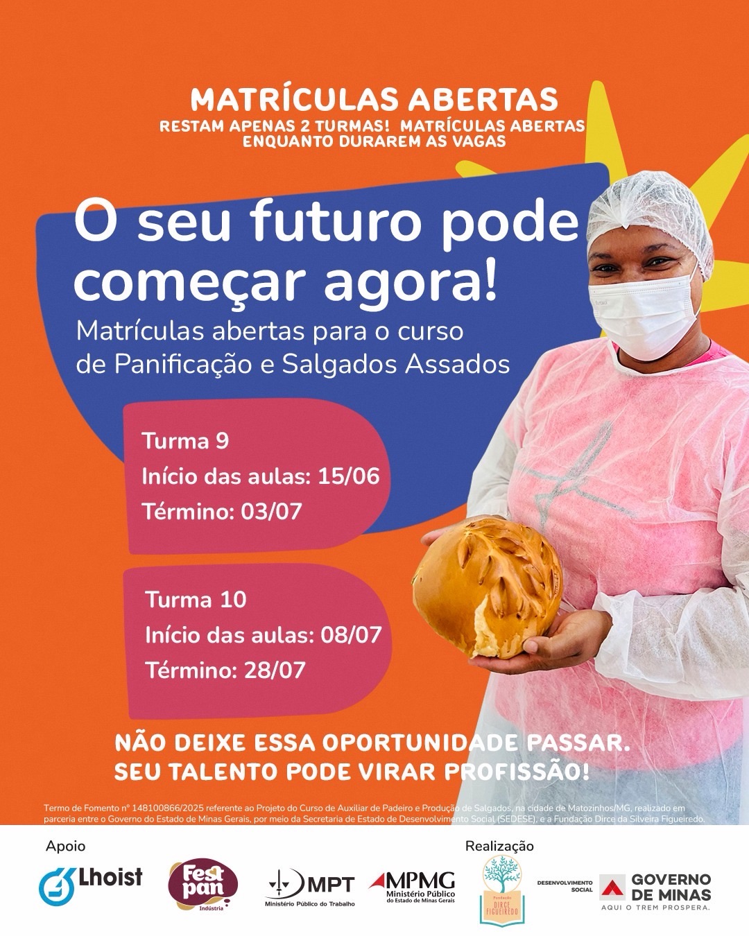 Curso gratuito de Panificação e Salgados Assados abre últimas vagas em Matozinhos