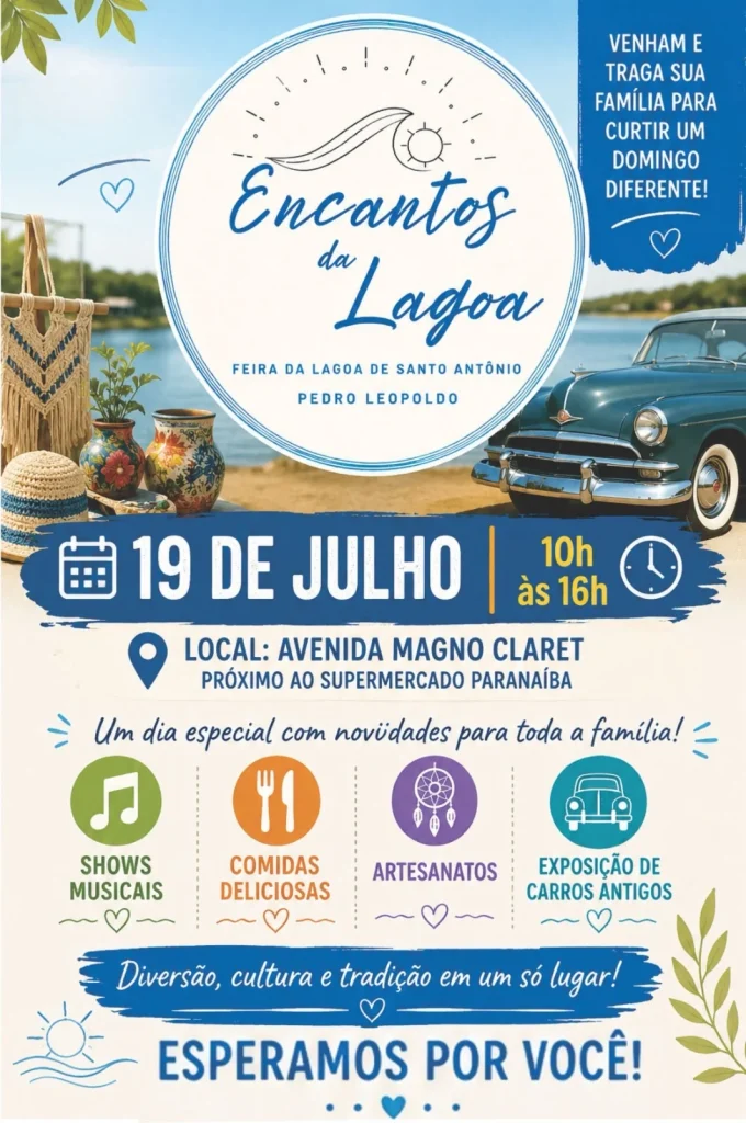 Encantos da Lagoa movimenta Pedro Leopoldo neste domingo com música, gastronomia e lazer
